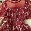 Summer Lace Hook Flower Embroidered Bubble Sleeve Dress for Womenfashion Slim Waist Dress Female A-line Cake Party Retro Dress