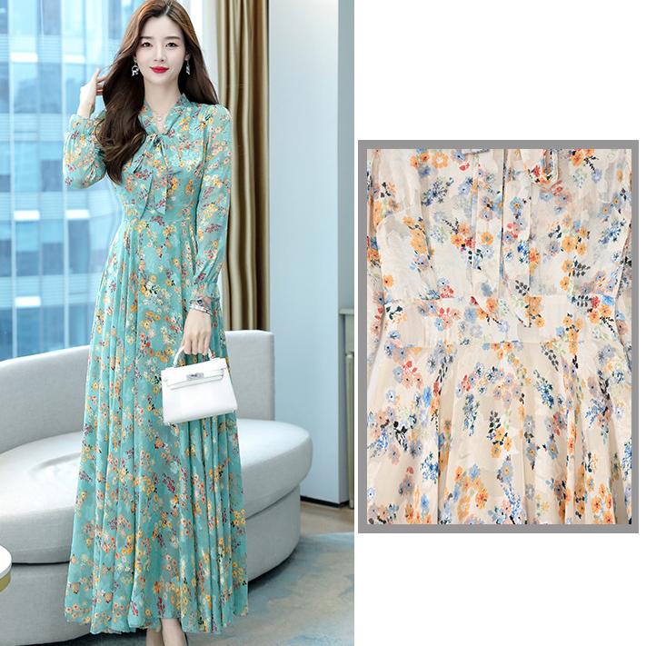 Floral Chiffon Dress Spring and Autumn Temperament Waist Slim Slimming Bow V-neck Jacquard Elegant Long Skirt