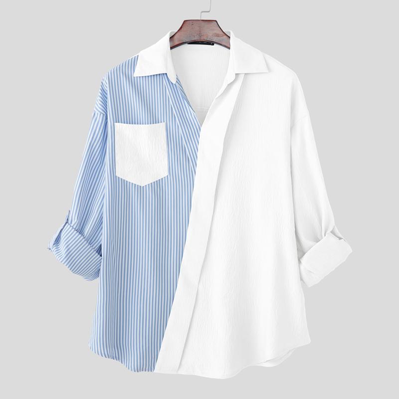 INCERUN Oversized Men Lapel Neck Long Sleeve Striped Patchwork Casual Shirts Tops 