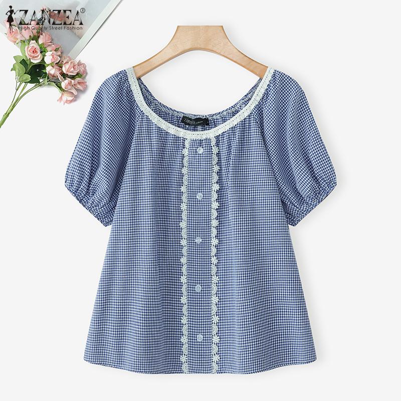

ZANZEA Women Casual Round Neck Plaid Print Summer Short Sleeve Blouse S синий