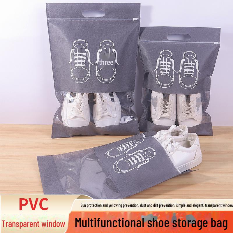 Travel Shoe Bag - Gray Non-Woven Drawstring Storage for Shoes and Clothes