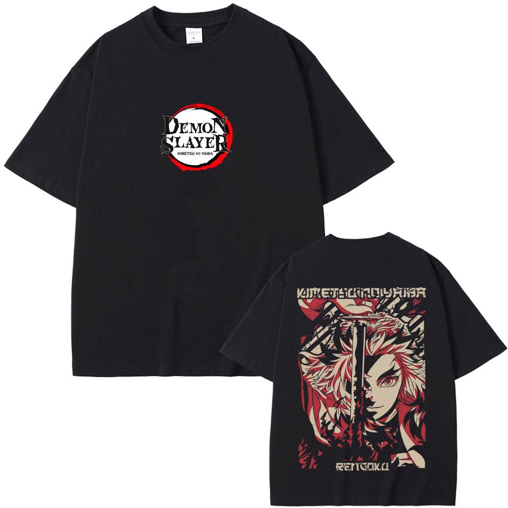 Anime Demon Slayer Rengoku Kyoujurou Double Sided Print T-shirt Summer Men Women Casual Oversized Tshirt Male Vintage T Shirts