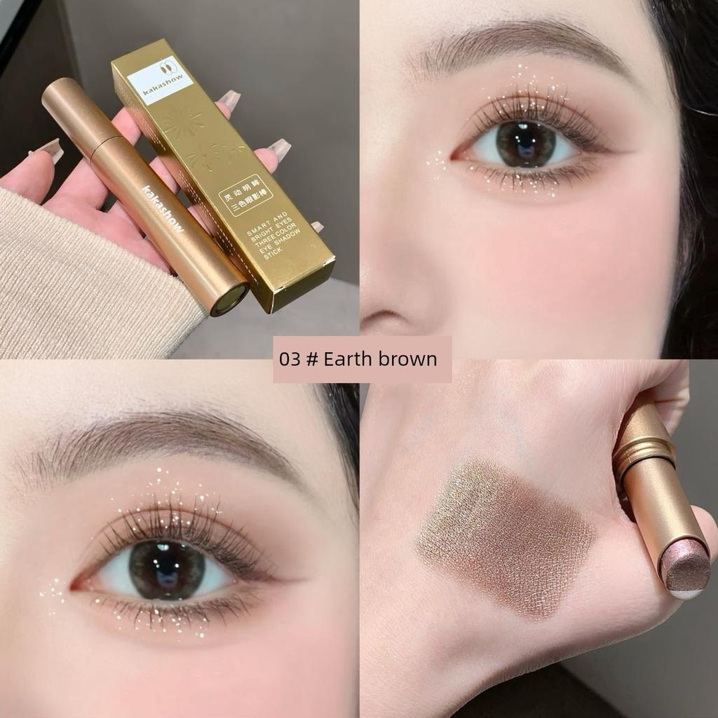 [Suitable for Beginners] Lazy Three-Color Gradient Eyeshadow Stick, One-Swipe Application, Non-Smudging, Pearlescent Earth Tones for Beginners