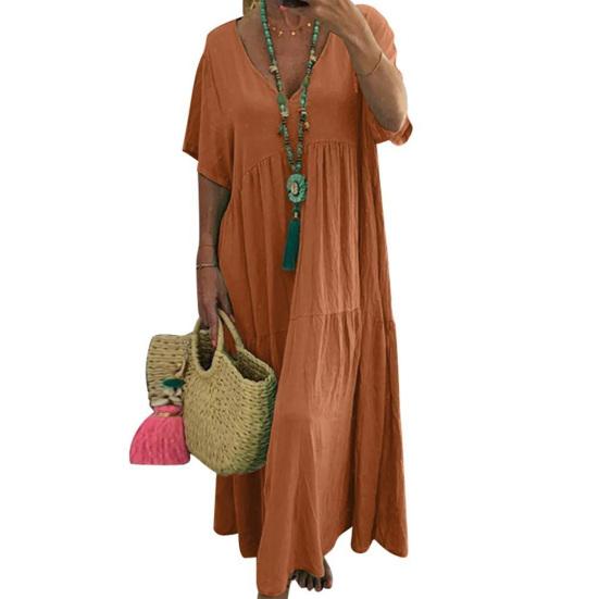 Women Summer Cotton Linen Maxi Dress Loose Short Sleeve V-Neck Flowy Dress Casual Tiered Beach Swing Dress