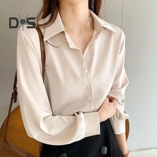 Women Shirt Pure Color Single Breasted Turn Down Collar Plus Size Long Sleeve Cardigan Soft Casual OL Commute Bottom Blouse Lady Top