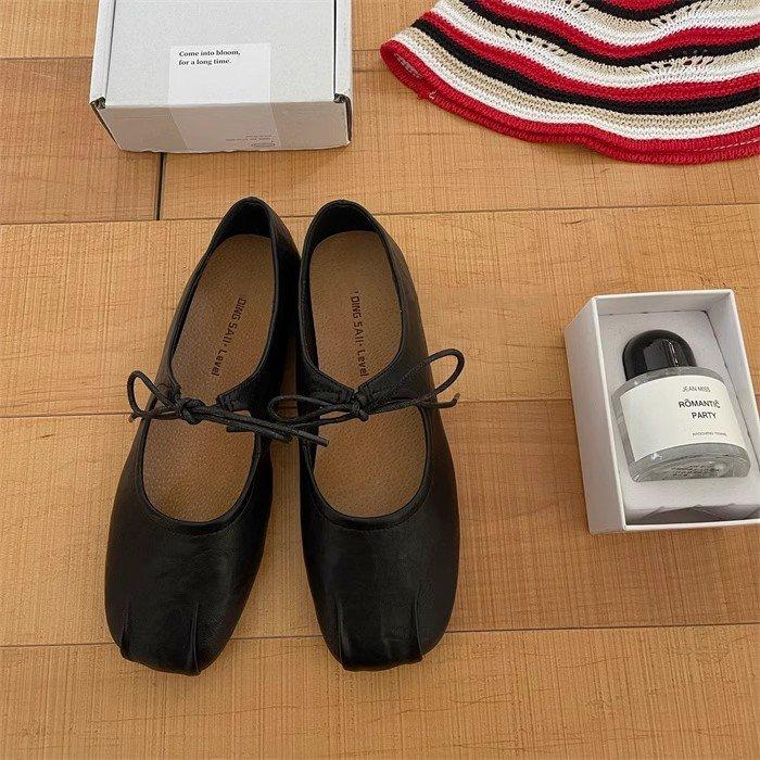 

Soft leather version~ Design sense wrinkled square head lace-up Mary Jane shoes retro soft leather soft sole ballet flat sole single shoe 35 чёрный