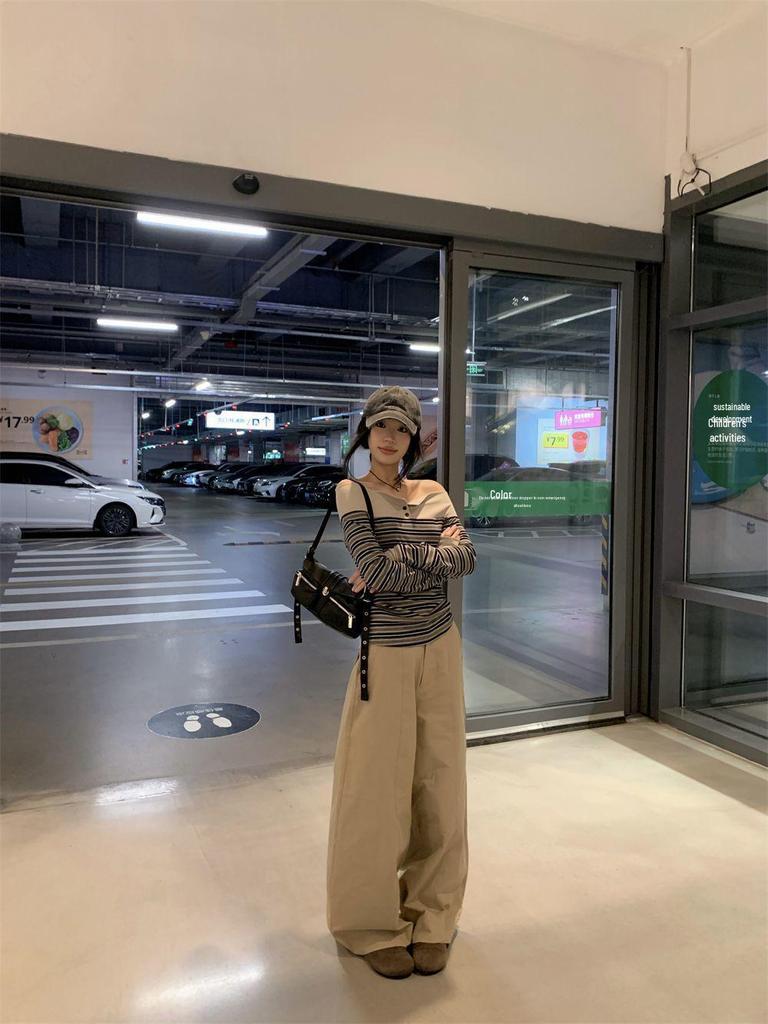 Retro Striped One-Shoulder Patchwork Slim Fit Long Sleeve Women's Top for Autumn 2025