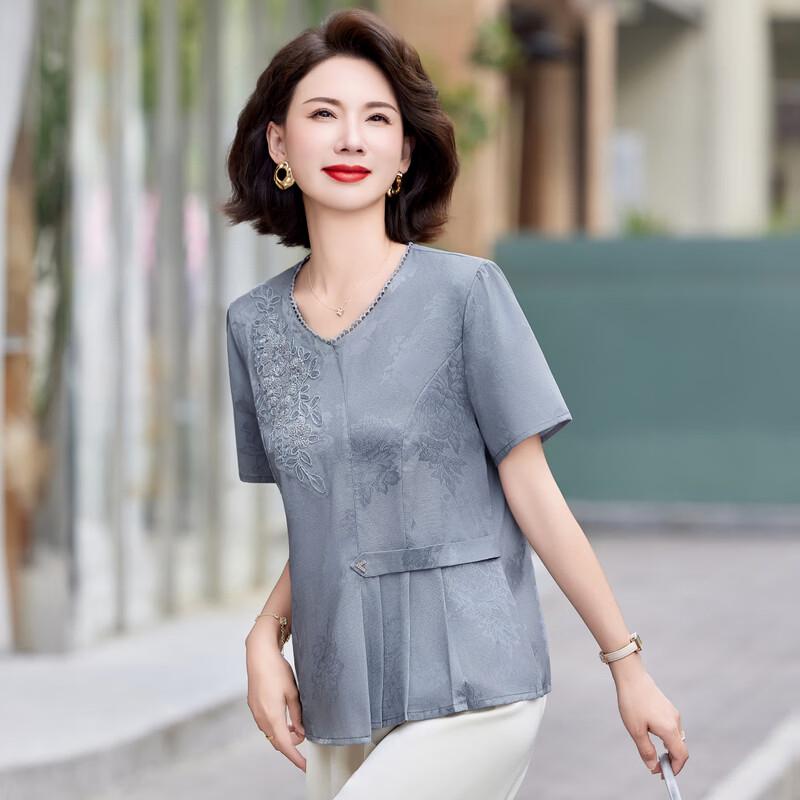 Yuzhaolin New Chinese Style Embroidered V-Neck Short Sleeve Blouse