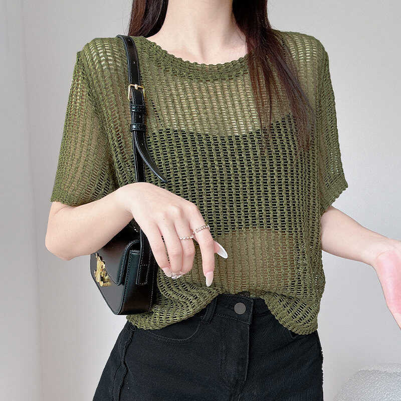 Summer Women's Knitted T-shirt Hollow Knitted Shirt Large Size Short Sleeved Shirt Outer Cover Top