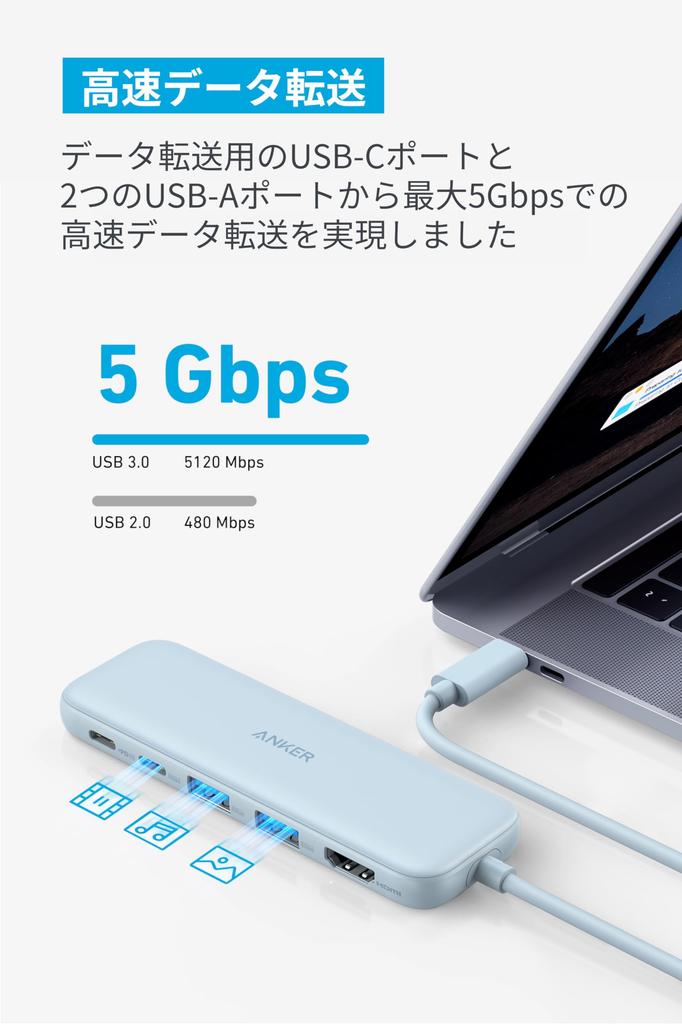 Anker 332 Hub 100W USB PD 4K HDMI 5Gbps Data Ports USB-C (5-in-1) Blue, Support, Port, High-Speed Transfer, USB-C/USB-A