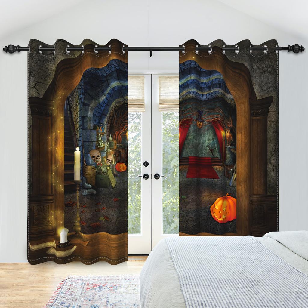 2pcs/set Horror Halloween Window Curtain Night Gate Skeleton Home Bedroom Living Room Decor Blackout Polyester Fabric Curtains