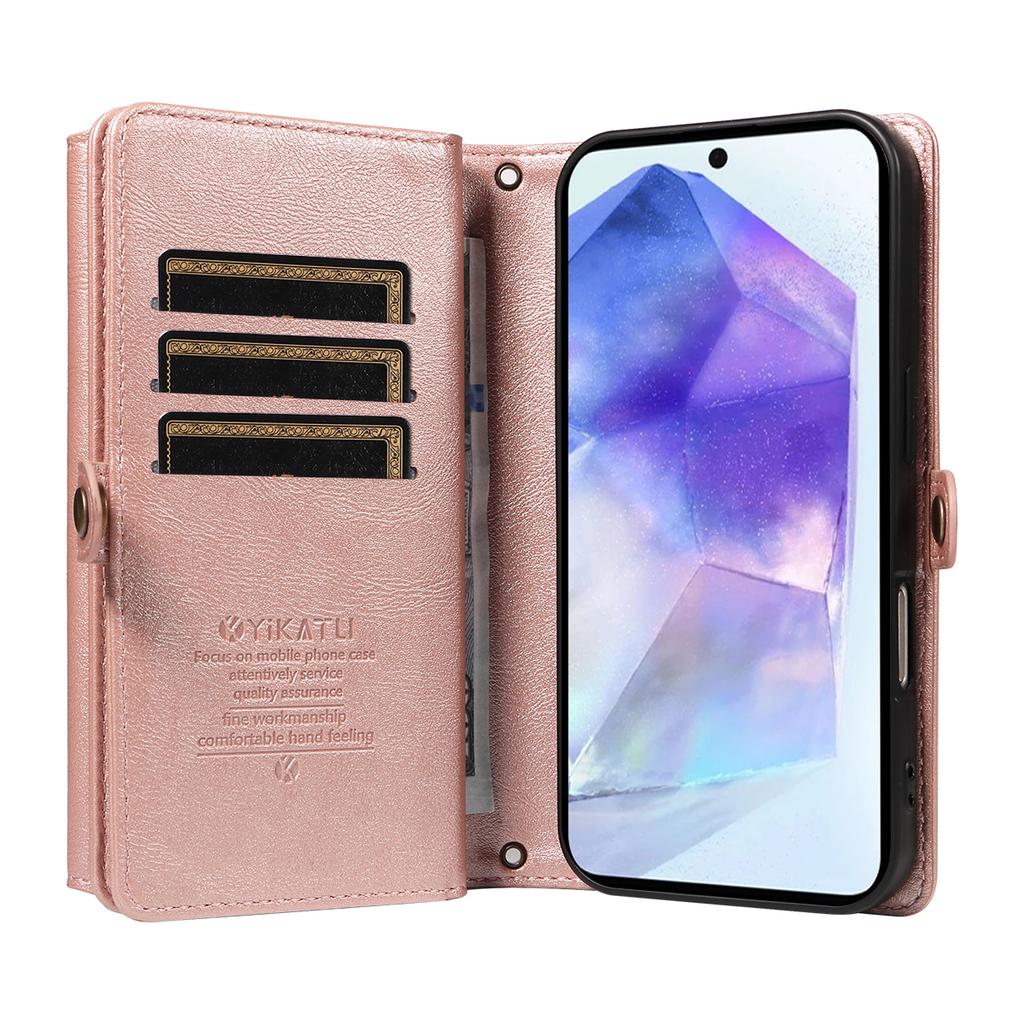 Pro Samsung Galaxy A55 5G Pouzdro YIKATU YK-008 Kožený kryt na telefon s peněženkou na zip a ramenním popruhem