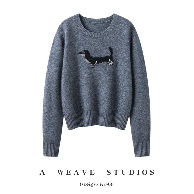 Women's Korean Style Black Dog Jacquard Cashmere Knit Sweater - Slimming, Warm, and Loose Fit for Autumn/Winter