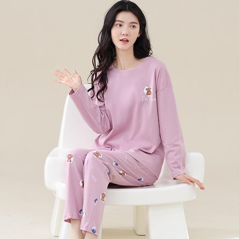 Aifen Teng Women's Pajamas Set: Pure Cotton, Long Sleeve, Long Pants, Casual Home Wear, Suitable for Spring, Autumn, and Winter.