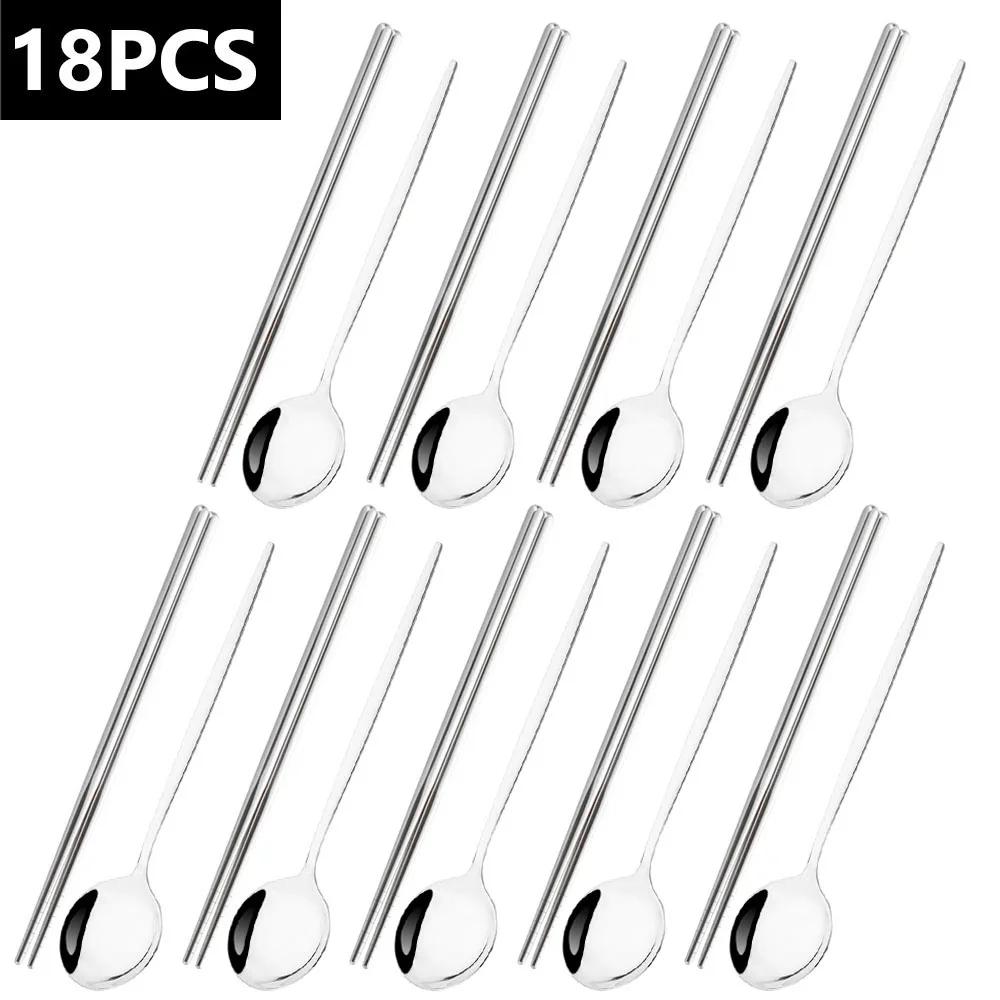 

18Pcs Black Dinnerware Set Kitchen Stainless Steel Tableware Sets Dinner Spoons Chopsticks Flatware Western Home Cutlery Set серебряный