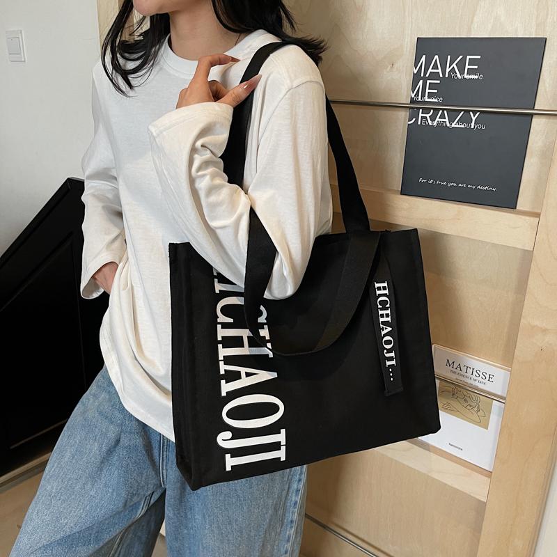 Letter Print Canvas Shoulder Bag Women's Travel Large Capacity Tote Bag Student Class Commuter Bag