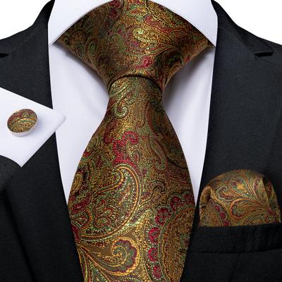 Men's Tie Set Gold Silk Neckties Pocket Square Cufflinks Set for Business Wedding Party