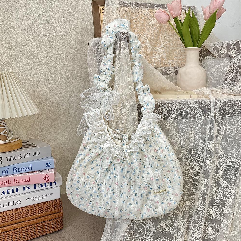 Elegant Sweet Fresh Lace Handbag Bowknot Underarm Bag Floral Pleated Shoulder Bag Pastoral Style Cloth Dumpling Bag Shopping