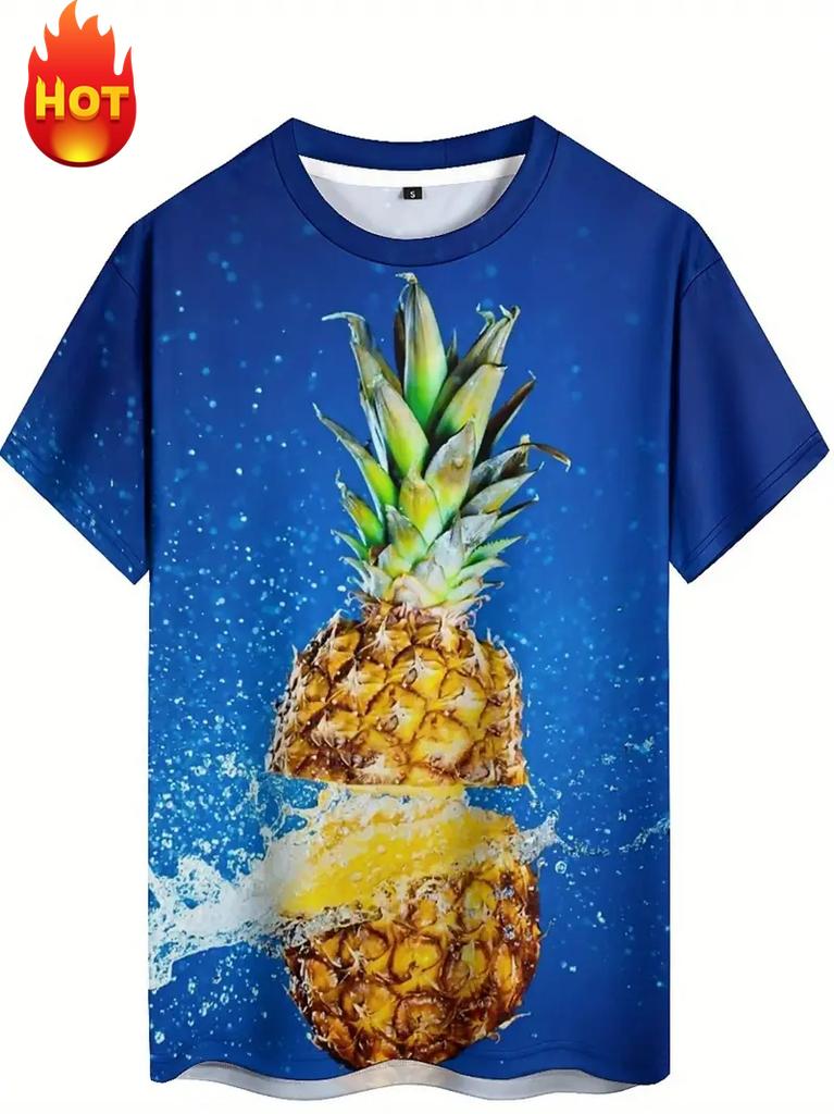 Maglietta da uomo alla moda divertente con frutta, stampa 3D, grafica di ananas, maglietta estiva trendy Hip Hop a maniche corte con girocollo, top