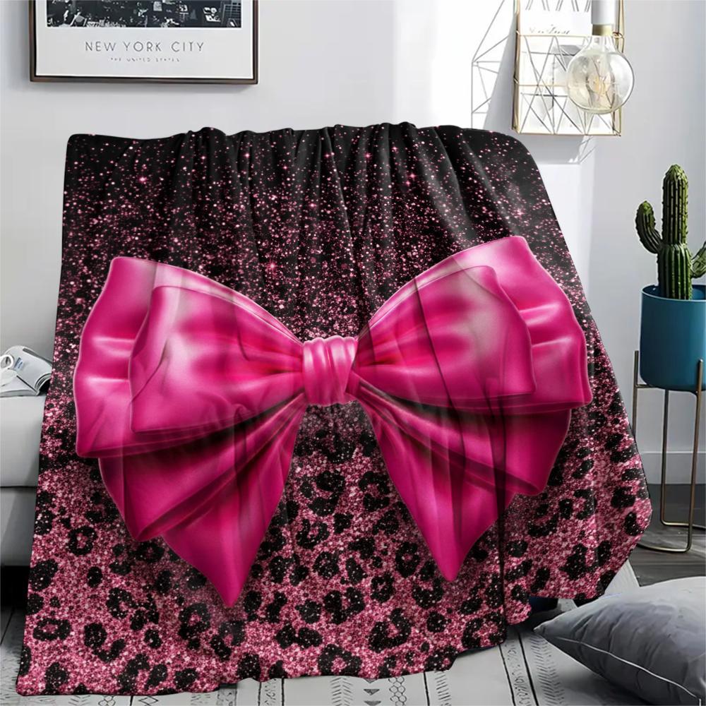 1Pc Pink&Black Bow Print Flannel Blanket, High quality Comfortable for All Seasons, Home Decor, Warmth and Comfort, Perfect for Christmas Gifts W28