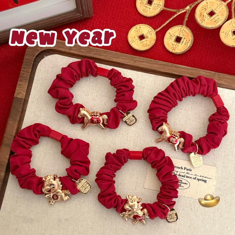 Cartoon Pony Hair Ring  Year Festive Red Hair Band Tie Horse Tail High Elastic Year Of The Horse Hair Ornament Accessories