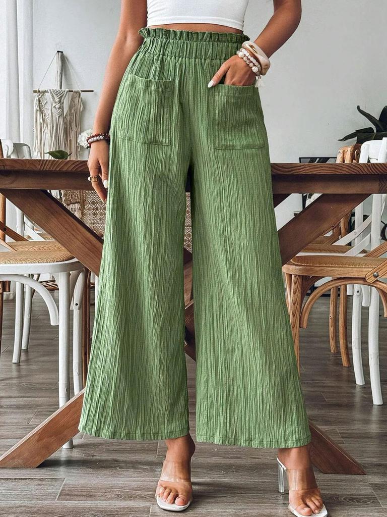 Women Solid Color Casual Straight-leg Pants Loose Elegant Elastic Waist Spring Autumn Pocket Trousers
