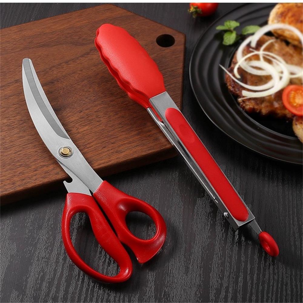 Stainless Steel Barbecue Scissors Clip Set Kitchen Tools Silicone Food Clip Scissors Outdoor Camping Barbecue Set Korean Home
