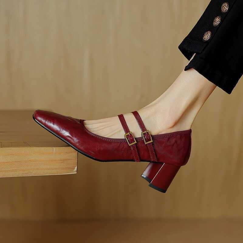 Soft sheepskin retro thick heel Mary Jane shoes women's spring and autumn new black high heels women's summer single shoes