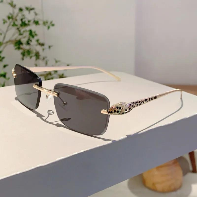 Rimless Punk Vintage Square Sunglasses Women For Men Luxury Brand Designer Sun Glasses Popular Metal Leopard Head Shades Uv400