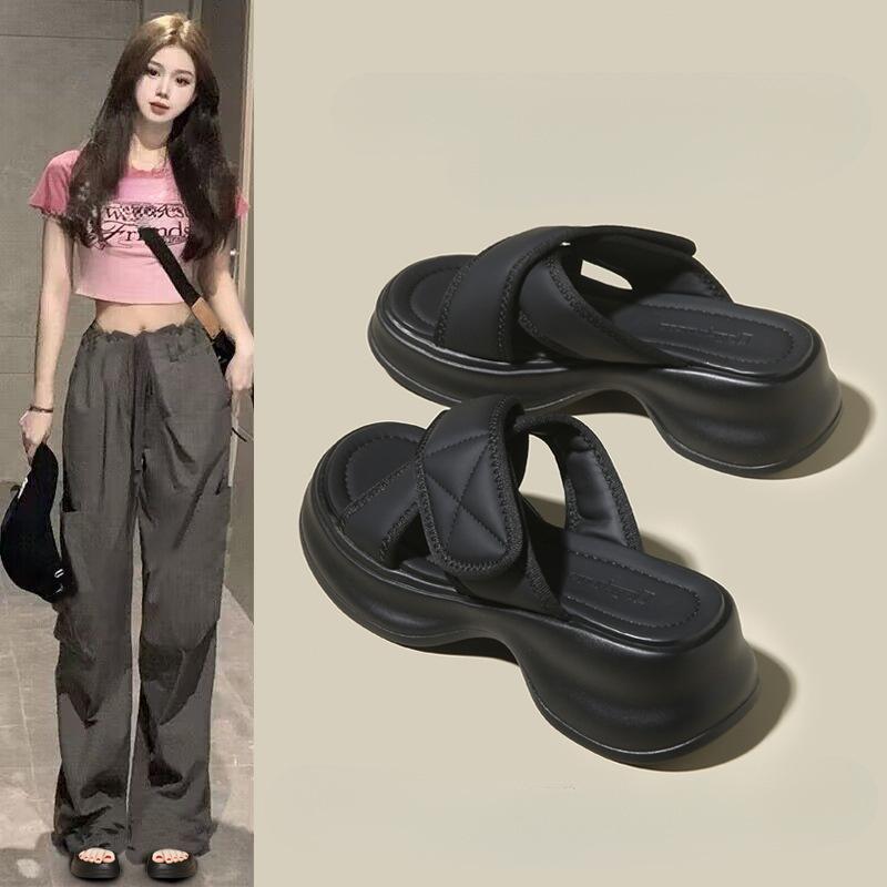 Cool slippers women's summer wear fashion 2025 new one-word drag thick-soled Velcro cross casual beach slippers women