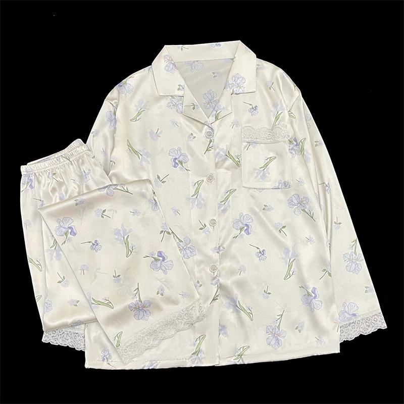 Blue Small Orchid Noble Sweet Women's Lace Pajamas French Lazy Elegant Aesthetics Sleepwear  Autumn Casual Nightgown