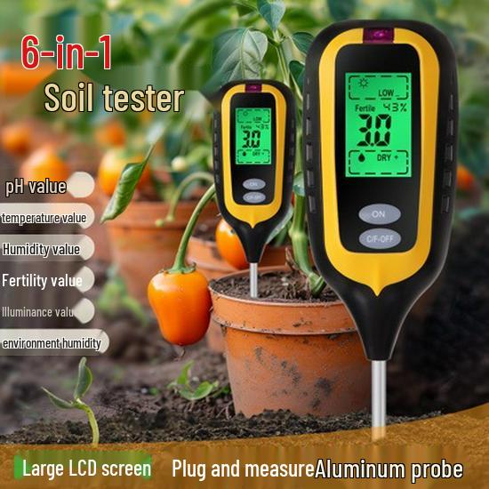 Six-in-One Soil Tester: Moisture, Fertility, Temperature, pH, and Humidity Meter.