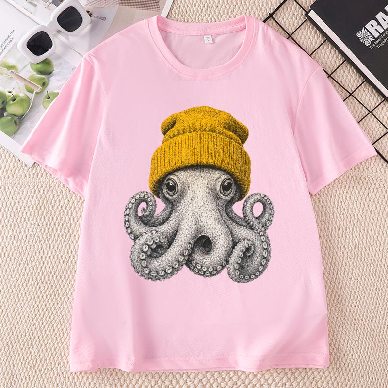 Cute Octopus Beanie T Shirt Ocean Animal TShirt Vintage Octopus Tees Casual Round Neck Printed Cotton Short Sleeve Tshirts