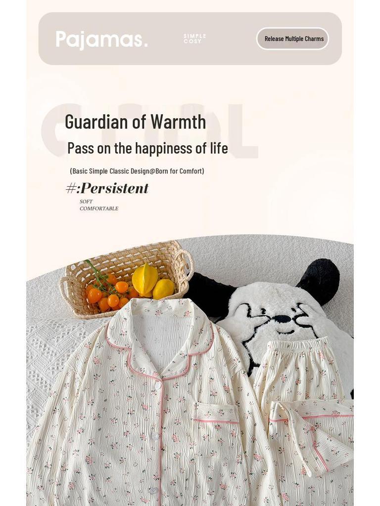 Women's High-End Crinkle Fabric Pajama Set - Long-Sleeved, Long Pants, Autumn Cardigan, Sweet Floral Pattern, Suitable for Outdoor and Home Wear.