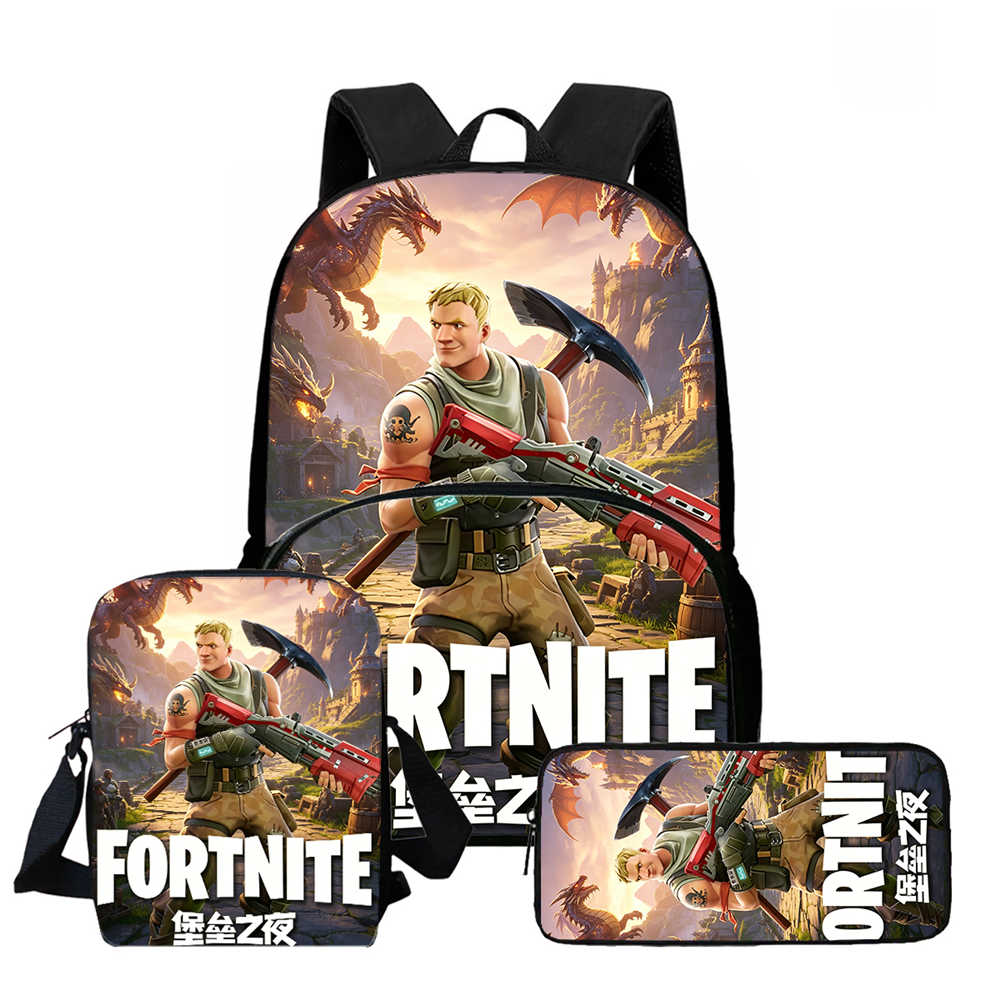 3Pcs Set School Backpack With Front Pocket & Crossbody Bag & Pencil Bag,Cartoon Fortnite For Age 6-10,Lightweight For Boys Girls