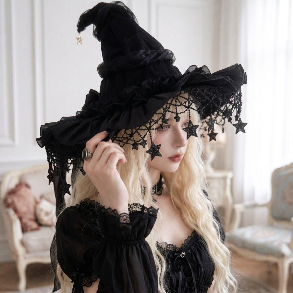 Lace Lolita Witch Hat Bow Ribbon Wizard Cap Cosplay Accessories Pointed Mage Hat Role Play