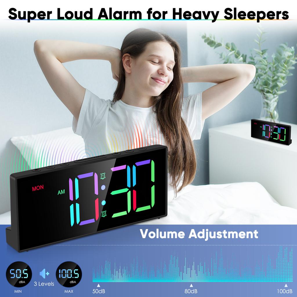 Dynamic RGB Display Alarm Clocks Dual Alarm Big Numbers Adjustable Brightness Volume Outlet Powered Digital Alarm Clocks