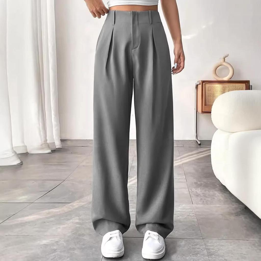 European & American Women's High-Waist Straight-Leg Business Casual Pants - Solid Color Draped Style (2026)