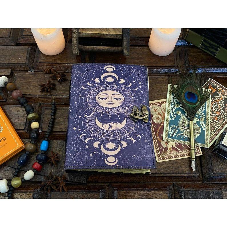 Leather Journal Sun and Moon Phase Notebook spell book of Shadows Grimoire journal Handmade Journal With Deckle Edge Paper Brass C lock