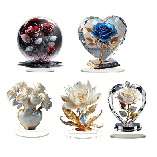 Квіткова акрилова табличка 2D Пласка троянда Настільний знак для офісу Спальні Робочого столу Кристалічний ефект Квіткова табличка-троянда для мами Дружини Бабусі