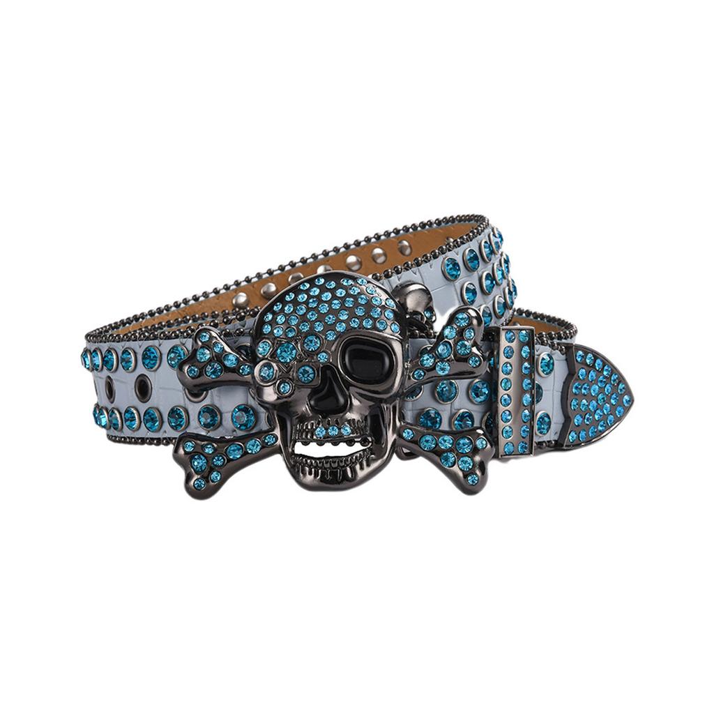 Adult Sequins Belt for Disco Party Waist Belt Rhinestones Skull Buckle Thin Waist Belt Street Cultures Enthusiasts Belt