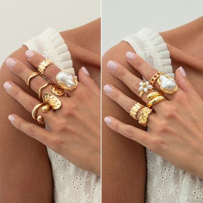 Barock Imitation Perlen Ring Set, Unregelmäßiges Design Flüssigmetall Faltenring