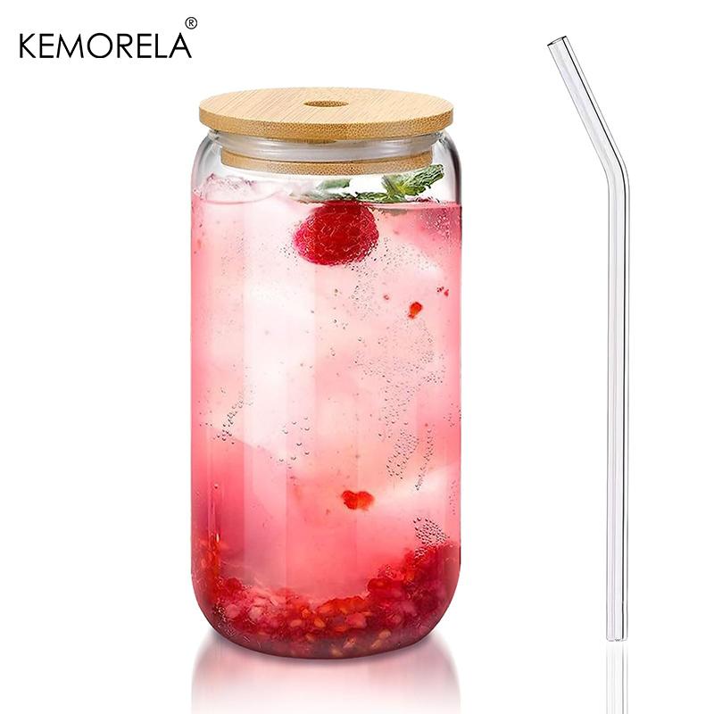 1/4PCS 400ML Glass Cup With Bamboo Lids and Glass Straw Cleaning Brush Beer Can Shaped Tumbler Cup for Cocktail Iced Coffee Cups