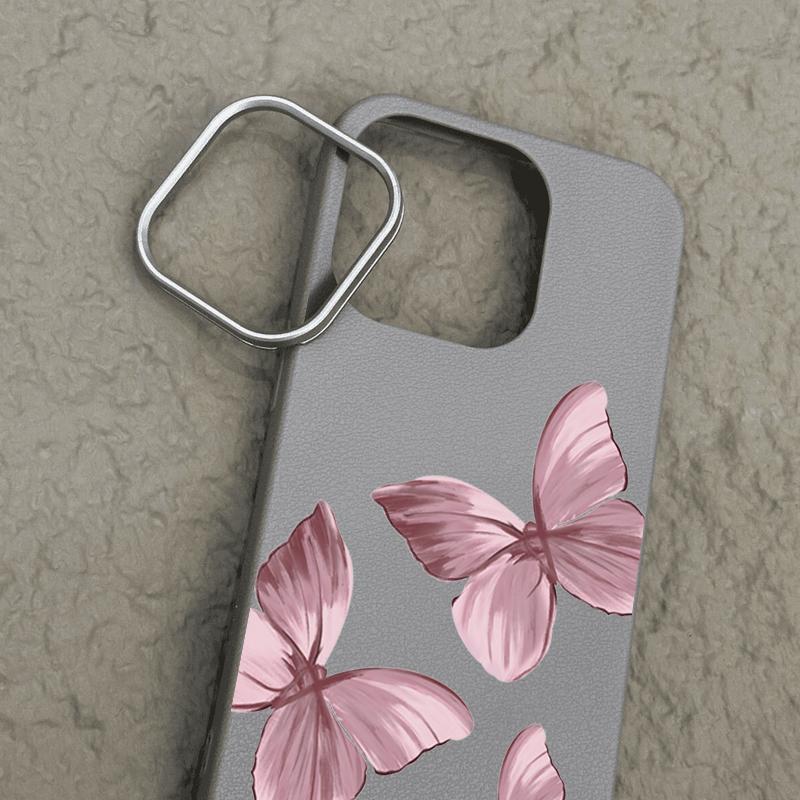 Pink Butterfly Pattern Leather Texture Slim Soft Phone Case For iPhone 16 Pro Max 15 14 Pro 13 12 11 TPU Matte Lens Protection Shockproof Bumper Cover