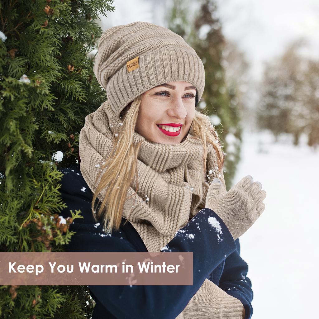 Winter Hat Beanie Scarf Touchscreen Gloves Set for Women, 3 in 1 Set with Knit Warm Long Neck Scarves Cap Gloves