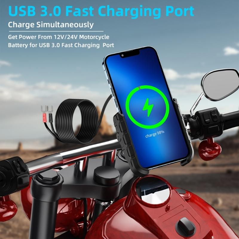 Motorcycle Phone Mount with USB3.0 Fast Charging Motorcycle Handlebar Cellphone Holder for 5-7.2inch Device