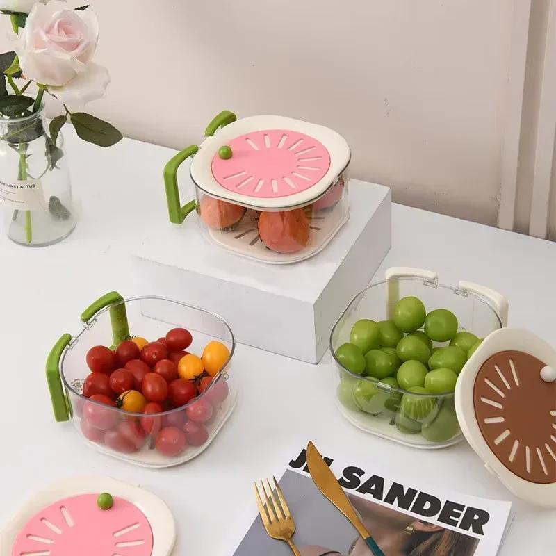 Fruit Drainer Basket -Hidden Folding Handle Drain Switch Expandable 2-In-1 Dust-Proof Thickened Dewatering Dishwashing Basket