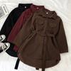 Women's Corduroy Belted Single-Breasted Shirt Dress - Chic Korean Style, Loose Mid-Length for Spring/Autumn 2025