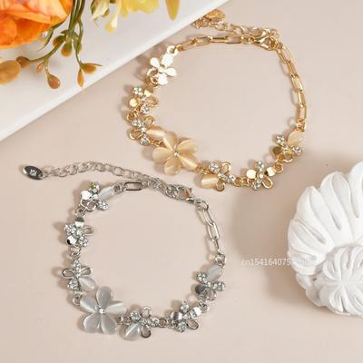 Charming Silvery/Gold Plated Women Pink Cat's Eye Opal Flower Chain Bracelet Gift For Women Girl