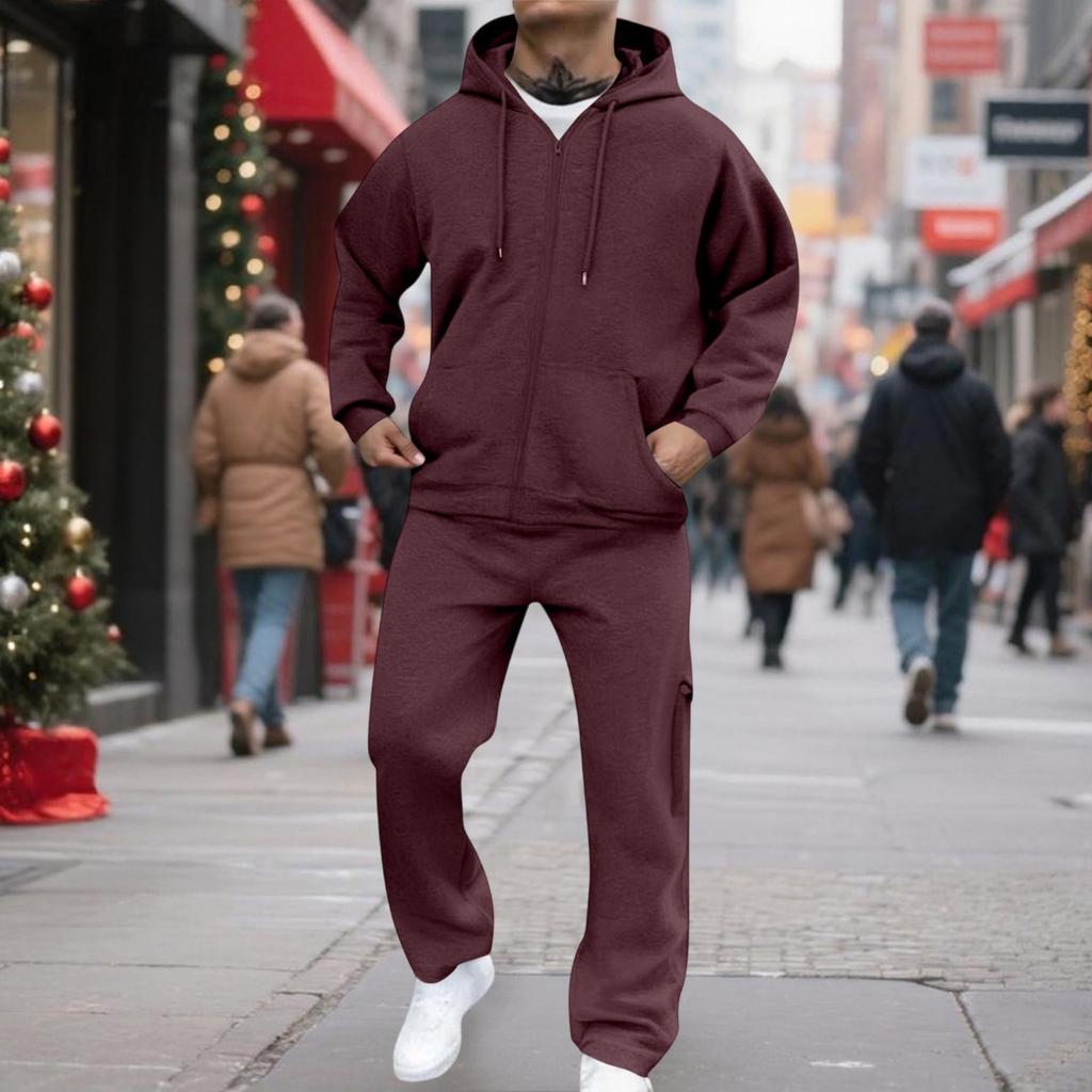 Men's Classic Two-Piece Set, Fleece Zip Hoodie Jacket & Elastic-Waist Cargo Pants For Casual Outdoor Sports